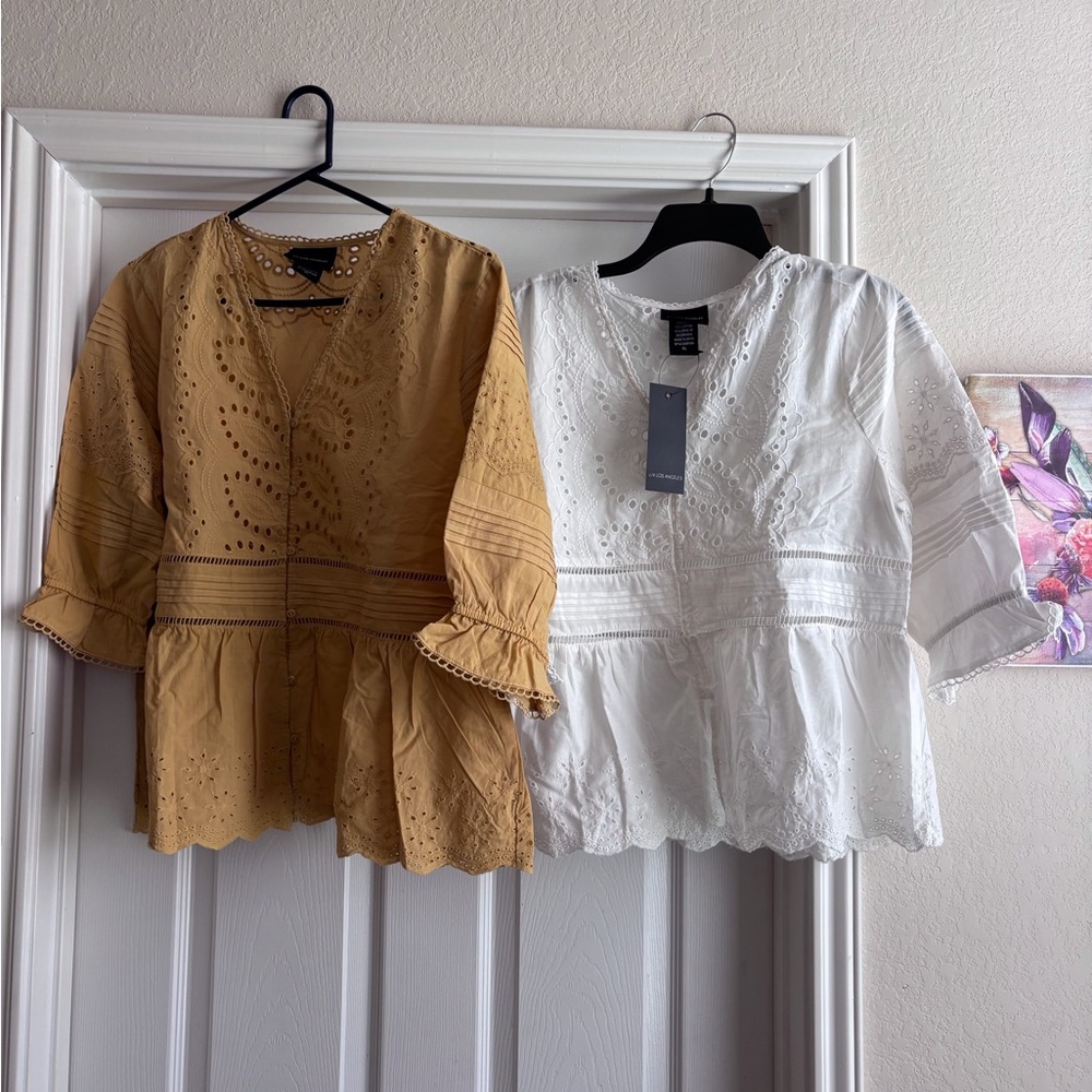White and Tan Peplum Blouses with Mandarin Collar